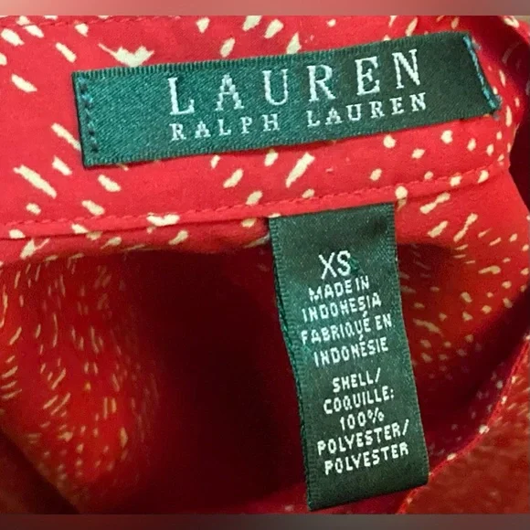 Lauren Ralph- Top Red Print Tab Collar Long Sleeve Chiffon Blouse Size XS - Picture 4 of 4